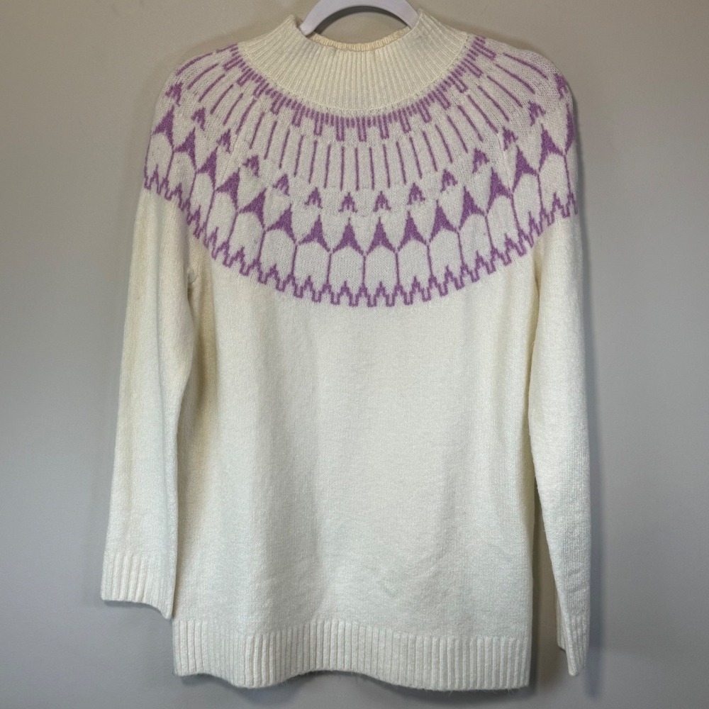 NWT Talbots Fair Isle Sweater Womens PM Ivory Purple Mock NeckNordic Winter Chic